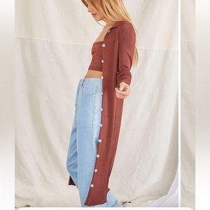 NWOT: chocolate brown button up cardigan maxi dress